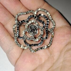Vintage Black & Clear Rhinestone Open Work Rose Brooch